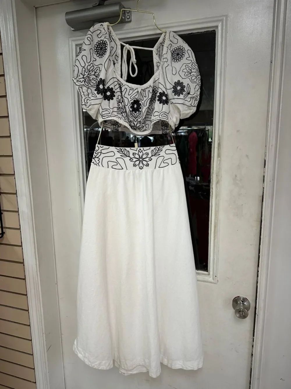 Free People White Midi Skirt with Black Embroidered Waistband